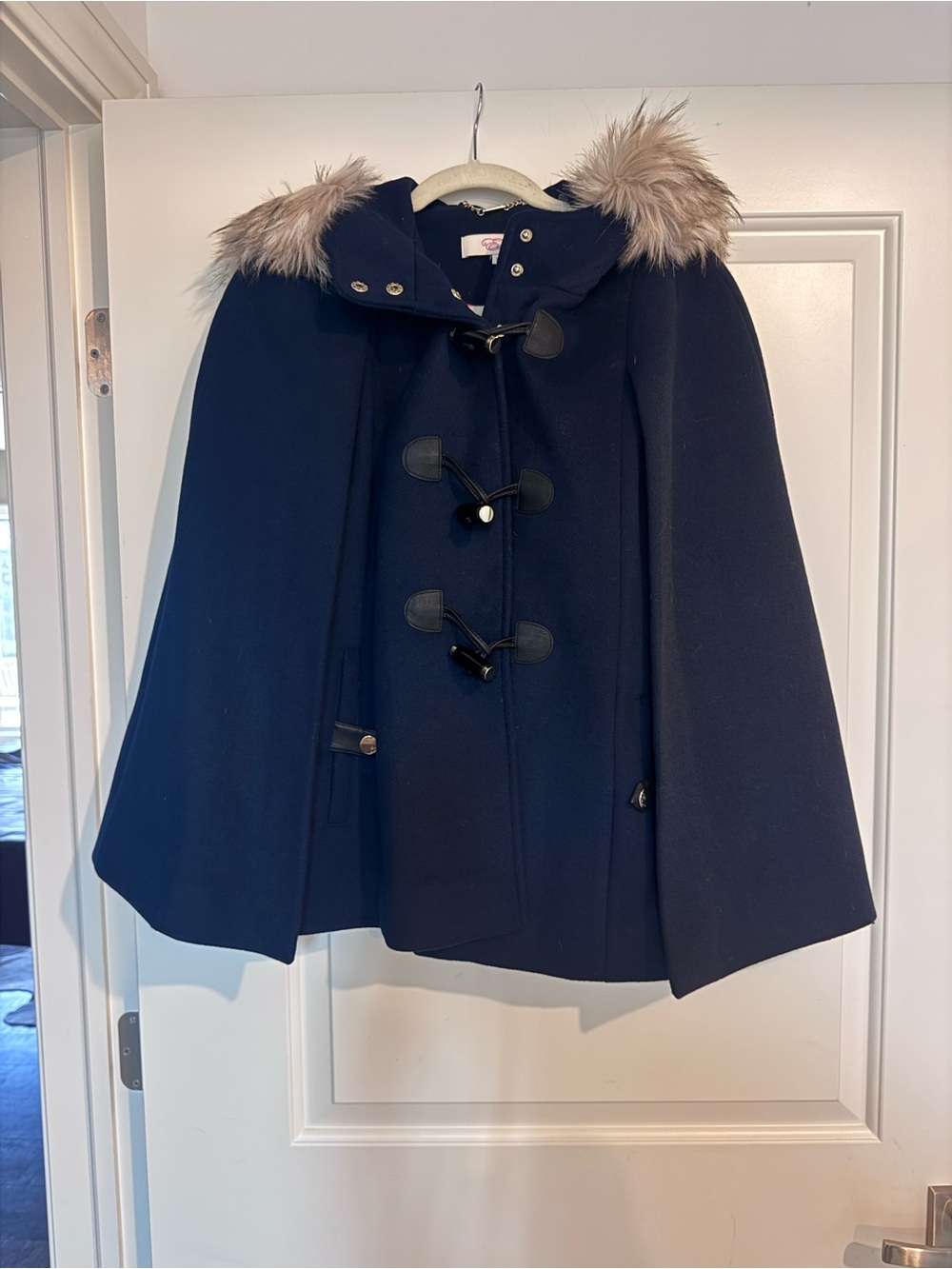 Eliza J Navy Cape with Faux Fur Trim Hood
